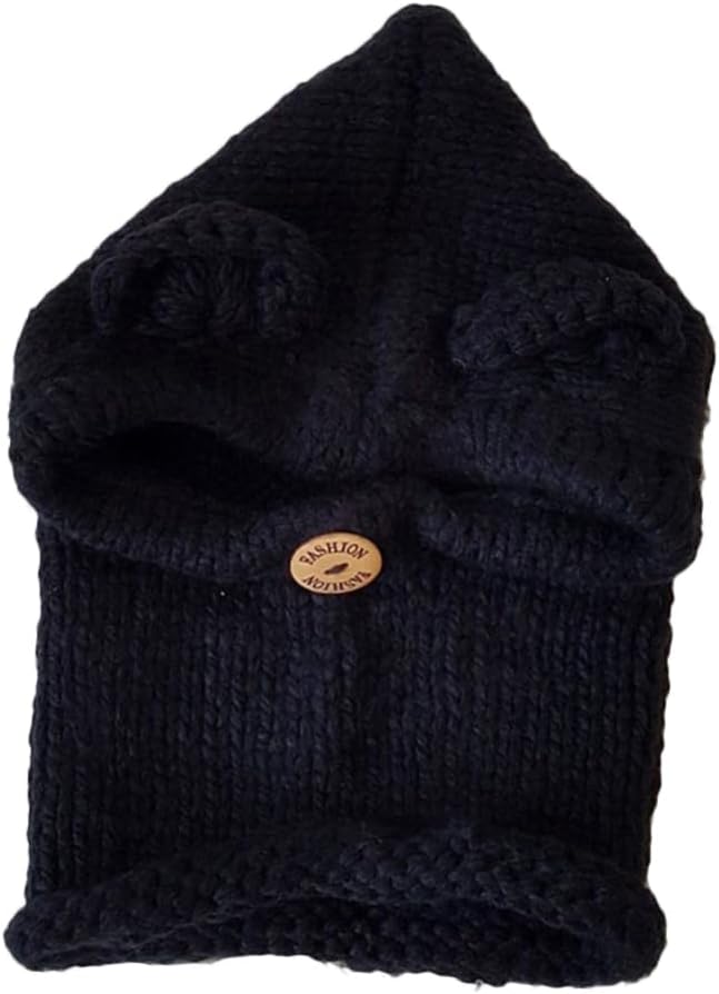 Cute Bear Hat Knitted Size Fits Boys and Girls Winter Beanie Hat Knit Cuffed Beanie Warm Scarf Black
