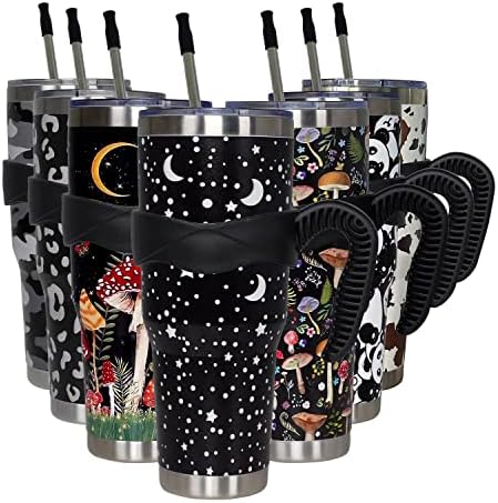 40 Oz Tumbler with Handle and Straw, Star and Moon Reusable Tumbler Stainless Steel Insulated Leak Proof Travel Coffee Mug Lunar Print Cup, Keeps Drinks Cold Up To 34 Hours or Hot for 12 Hours