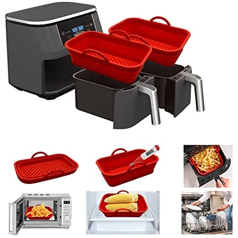 2Pcs Foldable Liners Air Fryer Silicone Pot for Ninja Foodi Dual DZ201 Basket Reusable with Handle Rectangle Baking Tray Oven Air fryer Accessories Replacement Parts 8inch Cover