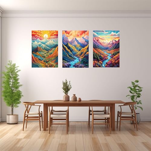 Poster géant mural montagne abstrait jaune bleu peinture triptyque