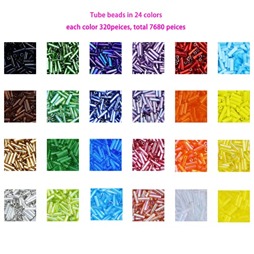 Voomolove Size 6Mm Glass Bugle Tube Beads With Beading Needles About 7680Pcs In Box,24 Multicolor Assortment Length 6Mm Tube Beads For Jewelry Making (320Pcs/Color, 24 Colors) #TOP1