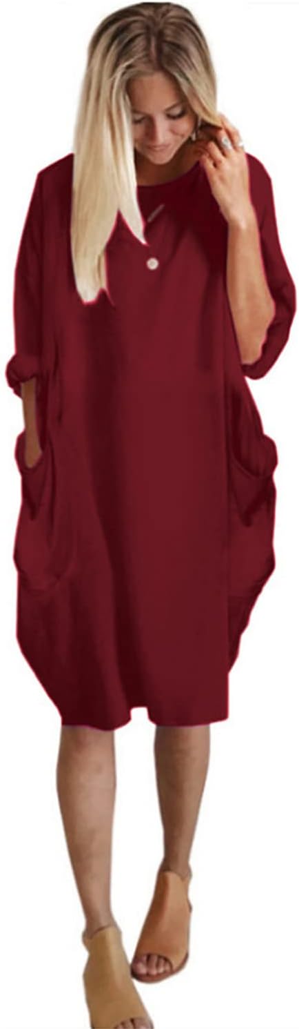 Women Loose Bodycon Drawstring Dress Plus Size Solid Crew Neck Long Sleeve Casual Stretch Short Dresses with Pockets