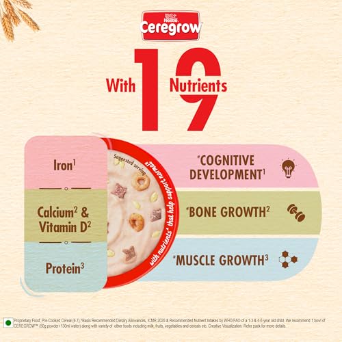 Image of CEREGROW Multigrain Cereal with Milk & Fruits, From 2-6 years, With Iron, Protein, Calcium, 19 Nutrients, Instant Cereal, 300g, Bag-in-box Pack