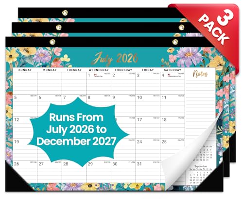 Image of 3 Pack of Desk Calendar 2026-2027, 18-Month Calendar Runs from July 2026 to December 2027, Large 17 inch x 12 inch Monthly Desktop & Wall Calendar for Home & Office - Floral