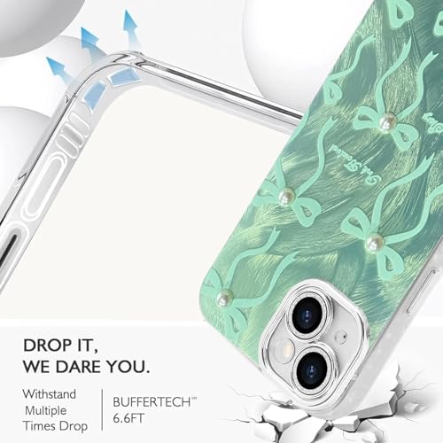 Image of VONZEE Compatible with iPhone 15 Plus 6.7'' Case Luxury Pink Girly Cute 3D Bow Pearl Glitter Bling Case with Full Camera Protection Shockproof PC+TPU Glossy Shiny Cover for Girls Women, Green