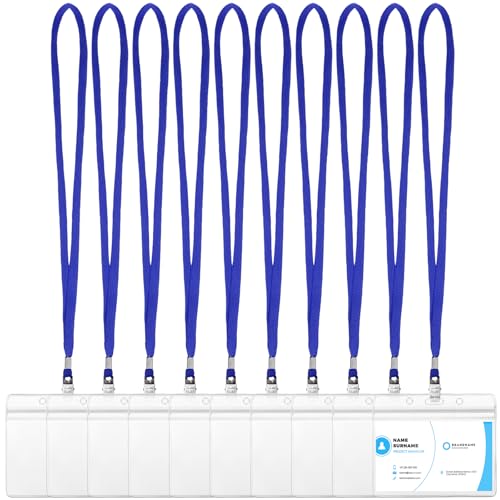 Image of Marspark 10 Sets 4 inchx3 inch Name Badge Holder with Lanyard Bulk, Blue | Waterproof Reusable Plastic with Clip, ID Badges Business School Conference Use, Lanyard Strap for Employees Students Events
