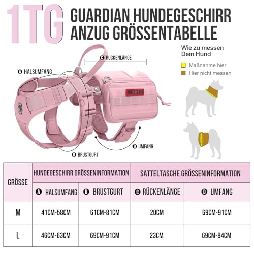 OneTigris Service Hundegeschirr, Guardian Geschirr mit 3 Edelstahl D-Ringen und Großer Kapazität Tasche, Sicherheitsgeschirr für Mittelgroße Große Hunde Rosa,M