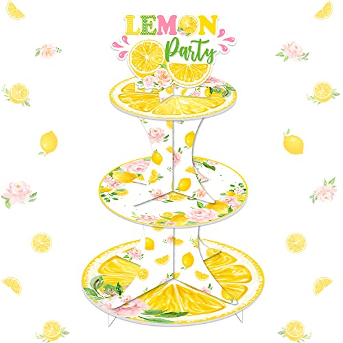 Lemon Party Decorations, 3 Tier Lemon Cupcake Stand Lemon Dessert Holder Cake Tower Pastry Display Round for Lemon Birthday Baby Shower Main Squeeze Bridal Shower