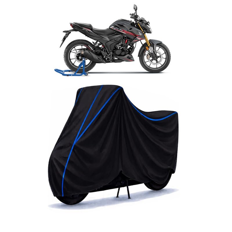 Image of Hornet 2.0 Standard Bike Cover Water Resistant Universal Motorcycle Rain | Heavy Duty UV Protection, Dust, Scratch Indoor Outdoor All Weather with Black Blue Piping Elastic