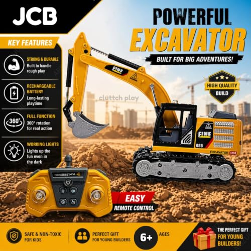 Image of RC JCB Construction Vehicle with Realistic Digging Arm Lights & Sound 360 Rotating Engineering Truck, Rechargeable RC Digger Toy Gift for Boys (JCB Metal RC)