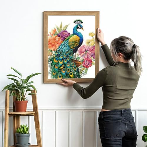Image of KFBXZIP Peacock DIY Stamped Cross Stitch Kits for Beginners Easy 11CT Needlepoint Embroidery Counted Cross Stitch Kits Art Craft Wall Decor and Gift, 12x16 inch