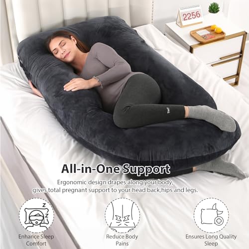 BATTOP Pregnancy Pillows for Sleeping, Full Body Maternity Pillow for Side Sleeping, Support for Back, Legs, Belly, HIPS, 57 Inch Pregnancy Pillow with Removable Cover, Black