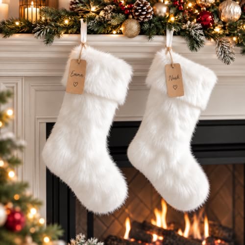 AISENO 2 Pack 18 Inch Snowy White Christmas Stockings Faux Fur Christmas Stockings Hanging Ornaments Candy Gift Bags for Christmas Decorations
