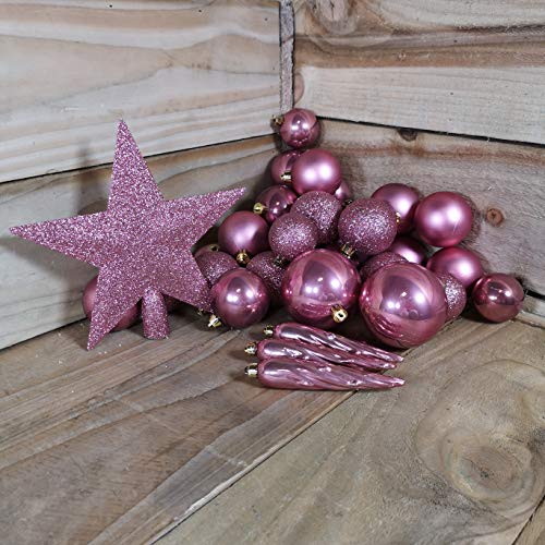 Christmas Decoration Weihnachtskugeln mit Christbaumspitze Stern Kunststoff 33er Set bruchsicher Altrosa samtpink