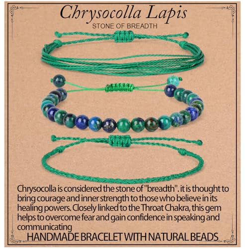 QOGIR Handmade Healing Stones Bracelets,6mm Natural Chrysocolla Lapis Beaded Bracelets for Men Women Gifts with 2PCS Size Adjustable Rope Bracelets
