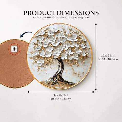 Image of PAINTINGMANTRA Tree of Life Wall Art Painting for Living Room, Floral White Flowers Painting with Round Frame for Home Bedroom and Office, 16 Inch