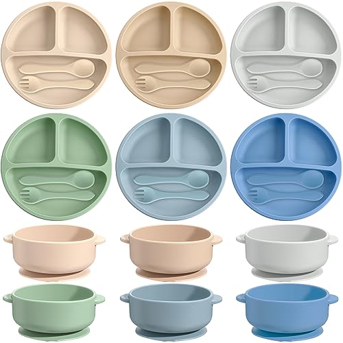 Image of Dandat 24 Pcs Silicone Baby Feeding Set,6 Baby Toddler Suction Bowls 6 Divided Suction Plates with 6 Forks 6 Spoons, Utensils Set for Weaning Infant Feeding and Eating, 6 Styles(Dark Color)