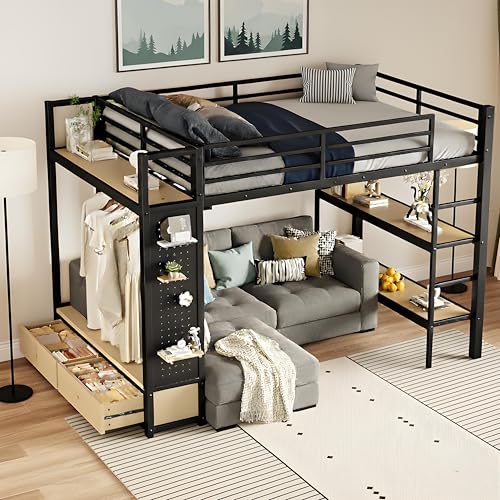 ICIUIOIR Full Size Loft Bed with Storage, Space-Saving Loft Beds with Shelves, Drawers, Pegboard and Wardrobe, MDF + Metal Bed Frame/Full