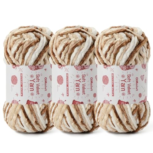 Image of 3x100g Fluffy Velvet Chenille Yarn for Crocheting and Knitting, 3x87.4yd Baby Yarn for Crocheting Soft, Crochet Chunky Yarns Amigurumi Yarns (3 White Coffee)