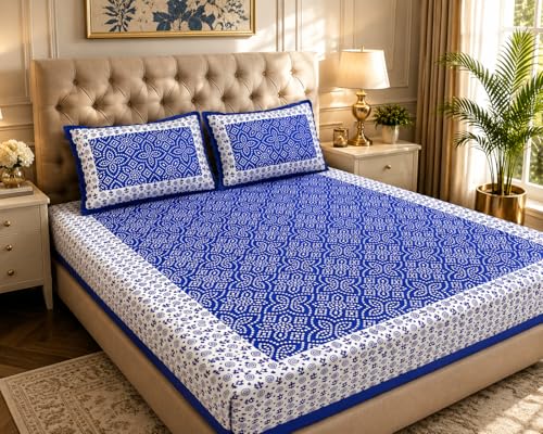 Image of JAIPUR PRINTS 100% Cotton Bedsheet for Double Size Bed bedsheets Rajasthani Jaipuri Printed Double Size Bedsheet with 2 Pillow Cover / 90x100 inch / 235x215 cm / (Blue & White)