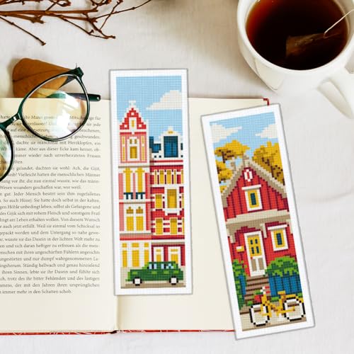Image of INFUNLY 6 Set DIY Cross Stitch Bookmark Kit Building House Cross Stitch Kits 8 inchx2.4 inch Pre-Printed Architectural Stamped Embroidery Bookmark Kit with Instructions for Beginners Book Lovers Adults Gift