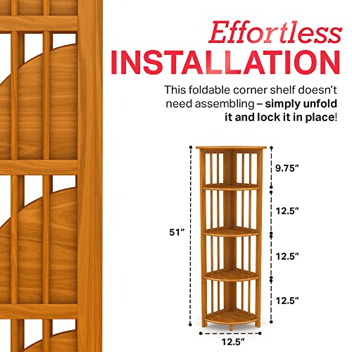 Stony-Edge 5-Tier Folding Corner Bookshelf | Honey Oak Wood Finish | 51X12.5X12.5 Inches | Corner Book Shelf For Books And Trinkets | No Assembly Required | Foldable & Small Bookcase For Home & Office #TOP3