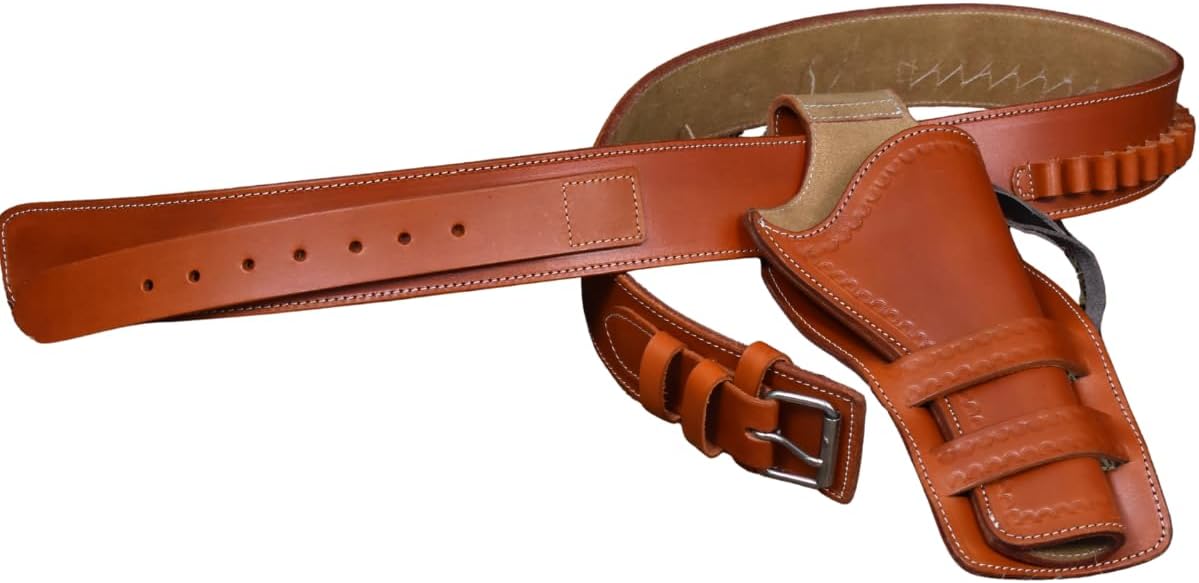 Western Full Grain Buff Leather Gun Holster Set & Ammo Belt – Handcrafted Classic Vintage Cowboy Revolver Belt with Bullet Loops, Fits 4"–6.5" Barrel