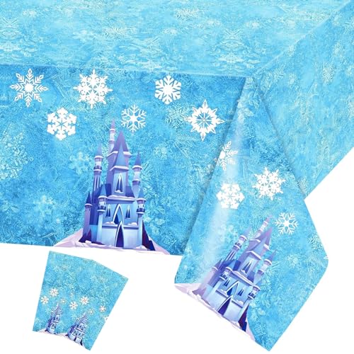 2 fundas de mesa azules de copo de nieve y castillo para decoraciones de fiesta de copo de nieve, mantel azul de castillo congelado, fundas de mesa rectangulares de plástico para invierno para