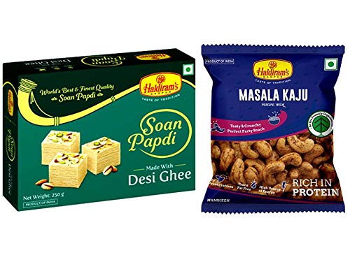 Haldiram's Nagpur Soan Papdi Special Ghee, Pack of 3 X 250 g and Masala Kaju, Pack of 3 X 35 g