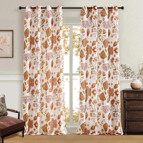 XiDi Cortinas de lino de terracota, 245 cm, diseño rústico de hojas, fijación semipermeable, filtración de luz, 2 paneles para salón y comedor LinSh Terracota Floral 132/245/EU