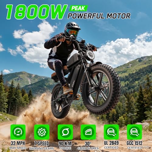 Image of SISIAGD Electric Bike for Adults,Peak 1800W Ebike,48V 15 /30Ah Waterproof Removable Battery,70-130 Miles,7 Speed,32 MPH Max,20 inch E Bike for City Commuting,Off-Roading,Mountain,UL 2849 Certification