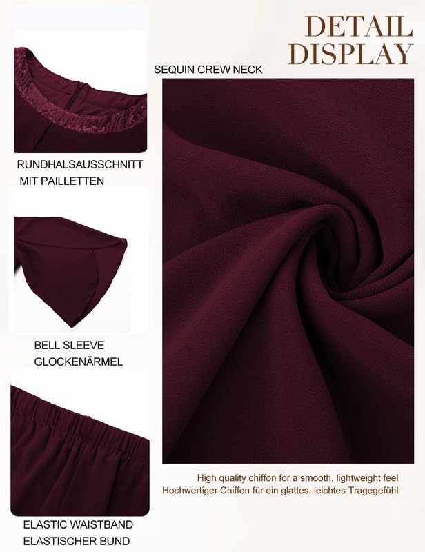 Hanna Nikole Damen Abendanzug Chiffon Hosenanzug Elegant Zweiteiler Festliches Outfit Hochzeitsgast Festmode Cocktail Abendmode Pailletten Rundhals-Tops Hoch Taillierter Party Outfit