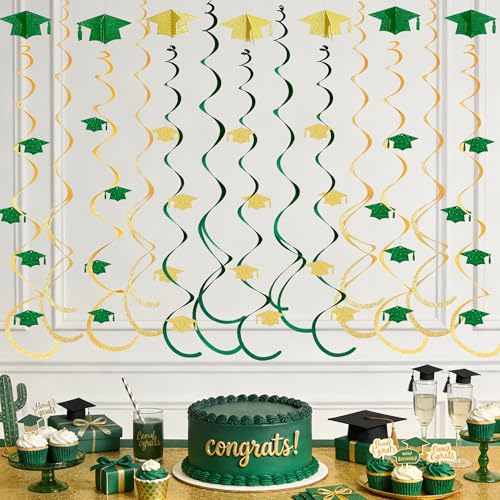Image of 24Pcs Green Gold Graduation Grad Cap Hanging Felt Swirl Streamer Spiral Ceiling Garland for Congrats Grad You Did It Class of 2026 We are So Proud of You I'm Done Themed Party Decorations Supplies