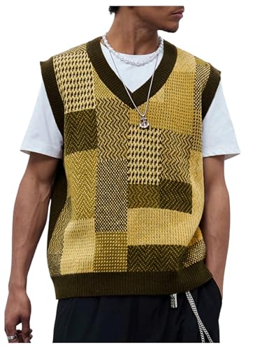 OYOANGLE Men's Vintage Plaid Print Sweater Vest Sleeveless V Neck Pullover Knit Tank Tops Yellow Small