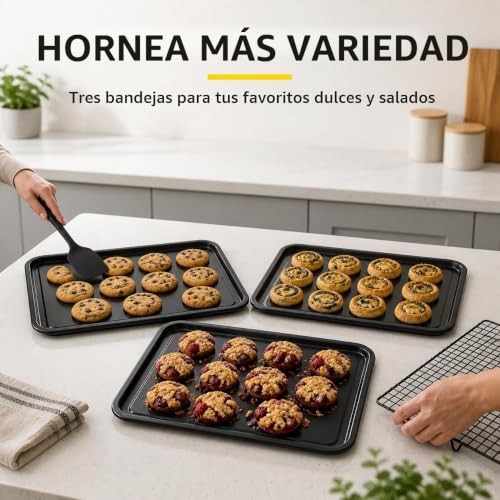 Miniatura 6 de Kitcheneur - Juego De Bandejas Para Hornear De 38 Cm, Bandeja Para Hornear De Fácil Limpieza, Lata Antiadherente, Juego De Bandejas De Horno En Negro, Apto Para Lavavajillas Y Fácil De Limpiar 3