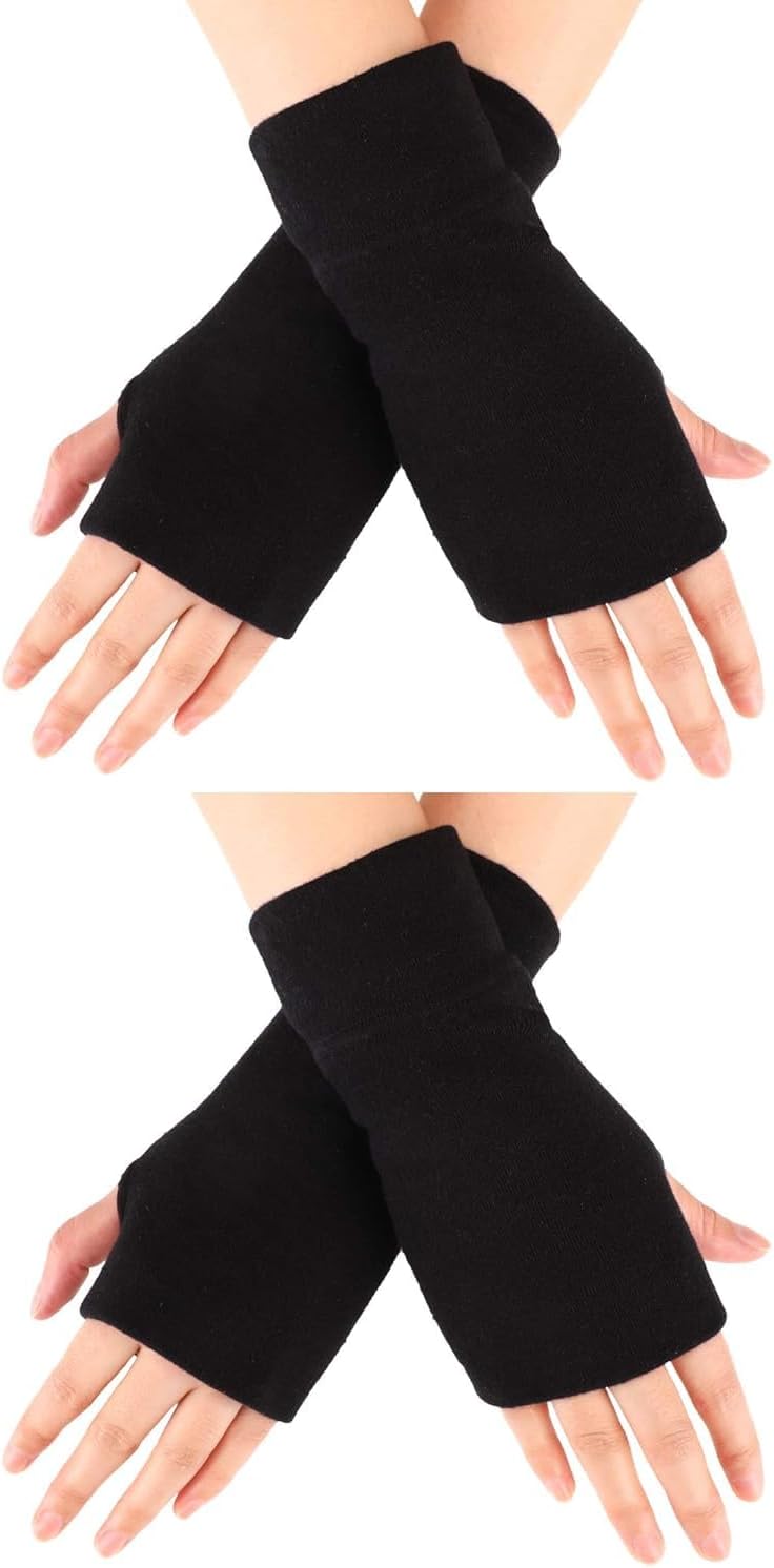 Blulu 2 Pairs Winter Fingerless Gloves for Women Wrist Arm Warmers Stretchy Cotton Knitted Thumbhole Gloves