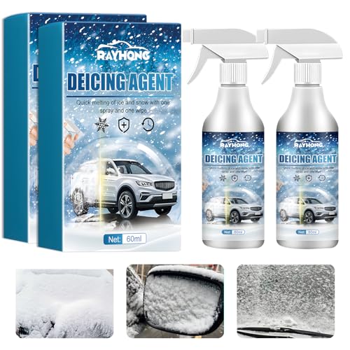 Hpbaggy 2 pcs Spray Dégivrant Antigel, Spray Dégivrant pour Pare-Brise, Fast Ice Melting Spray, Spray Déneigement pour Pare-Brise Vitres Phares, avec 2 Serviette, avec 2 Raclette(60ml/pcs)