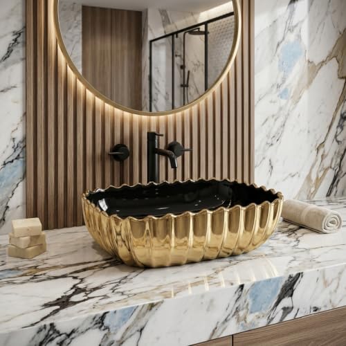 Image of Luxurious Golden Table Top for Bathroom /Ceramic Bathroom Wash Basin /Countertop Wash Basin /Vessel Sink (13x18 Inch)
