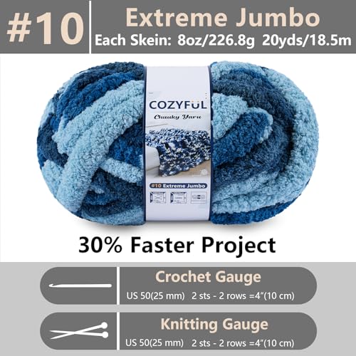 Image of Cozyful Chunky Yarn for Hand Knitting - #10 Chunky Chenille Blanket Yarn, Jumbo Big Thick Chunky Yarns for Crocheting, Tie Dye Bulky Knit Yarns, 8 Skein (20 yds 8 oz Each Skein), Navy & Multi Blue