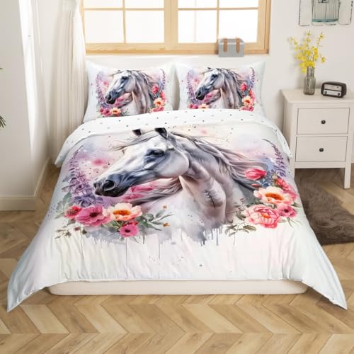 Loussiesd Juego de funda de edredón con diseño de animales para niñas, con diseño de caballo blanco y flores, juego de ropa de cama con diseño de caballo decorativo con 2 fundas de almohada