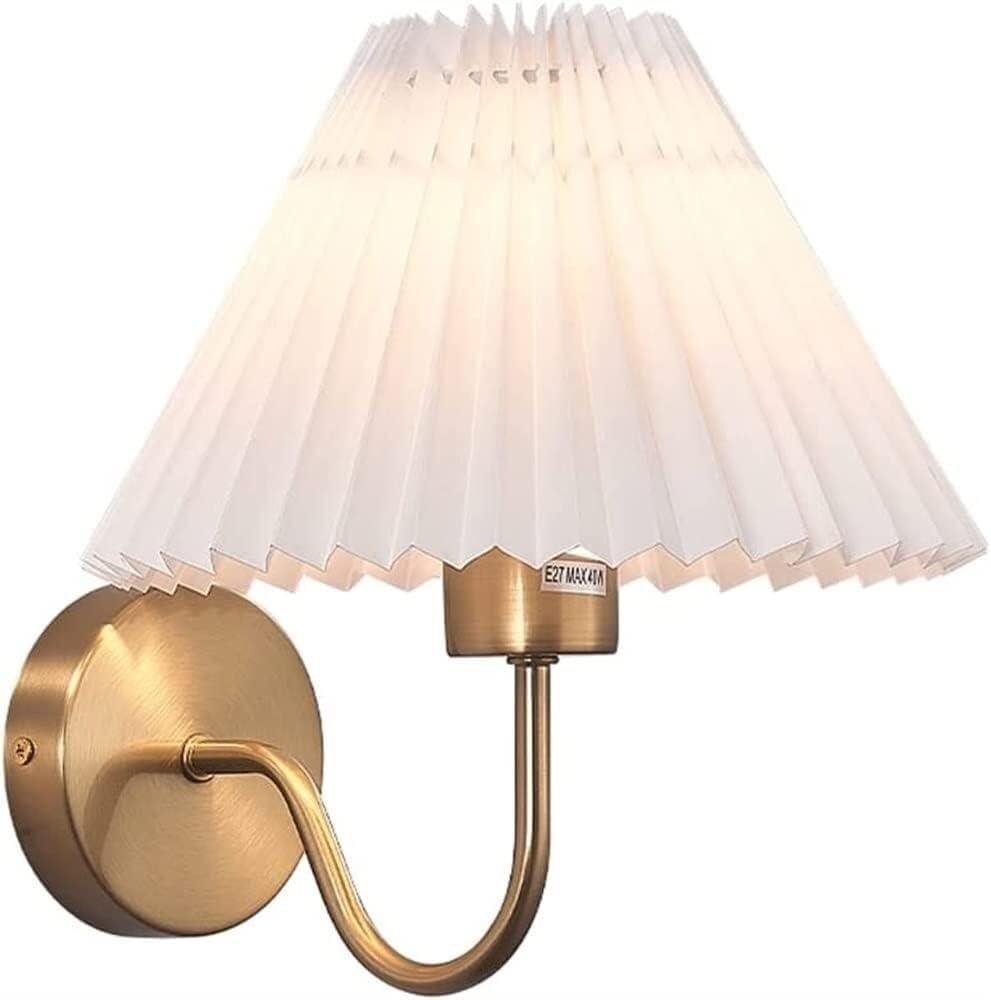 Applique da Parete per Interni con Paralume in Tessuto Plissettato Lampada da Parete per Camera da Letto Lampada da Comodino Lampada da Parete Vintage in Tessuto con Finitura in Ottone Anticato per