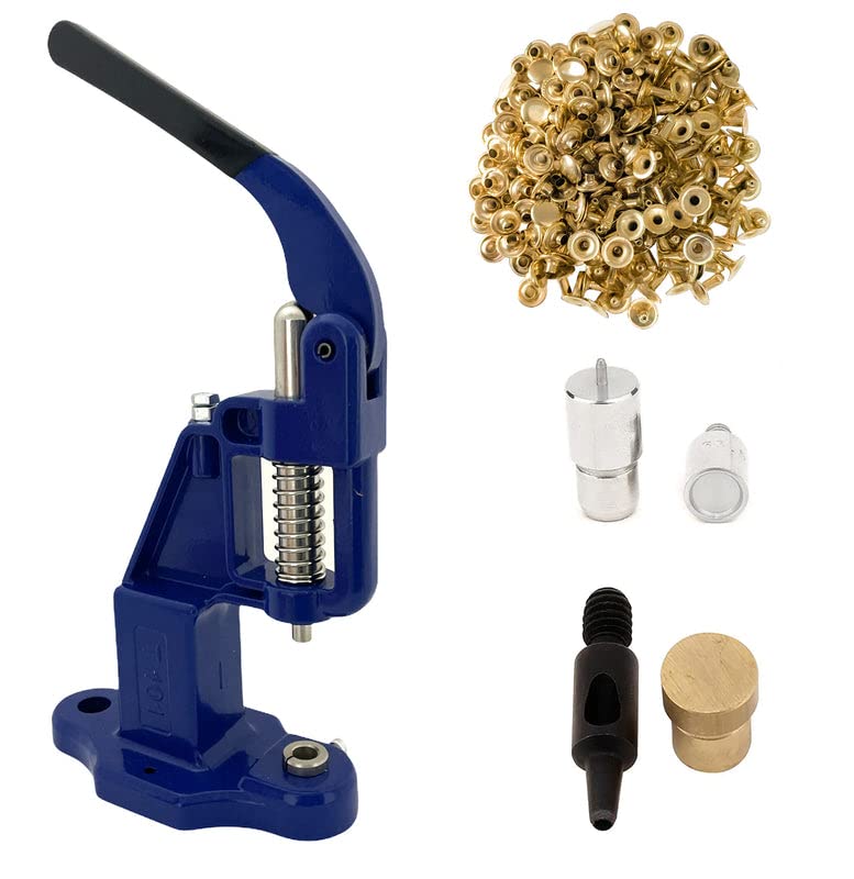 9mm Rivets Kit (1000 Sets) with Hand Press Machine, Dies and Hole Punch. Leather Rivets Single Round Cap Metal Stud Fasteners for Bag Belt Wallet Jeans(Navy Press& Gold Rivets)
