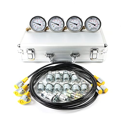 Image of Hydraulic Pressure Test Kit 100 /250 /400 /600bar, 4 Gauges 13 Couplings 3 Test Hoses Hydraulic Gauge Kit for Excavator Construction Machinery Ships Mine