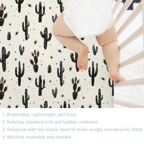 Image of Boho Cactus Baby Crib Sheet 52''x28'' Retro Black Golden Cactus Fitted Crib Mattress Cover Wild Cactus Soft Baby Sheet for Boy Girl Western Plants Nursery Bedding for Standard Crib Toddler Mattress