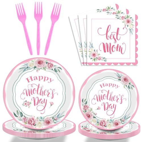 chiazllta 96 Pcs Happy Mother's Day Party Paper Plate and Napkins Set - 24 Guests, Pink, Spring Floral Design, Serves 24, Best Mom Ever Theme