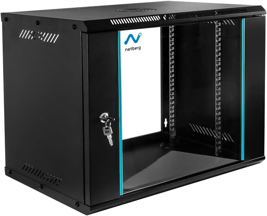 BASIC 19-дюймовый подвесной шкаф для монтажа в стойку 9U, 60x40x46,3 см, черный | Грузоподъемность 30 кг, стеклянные дверцы с замком, без задней стенки, стальная конструкция