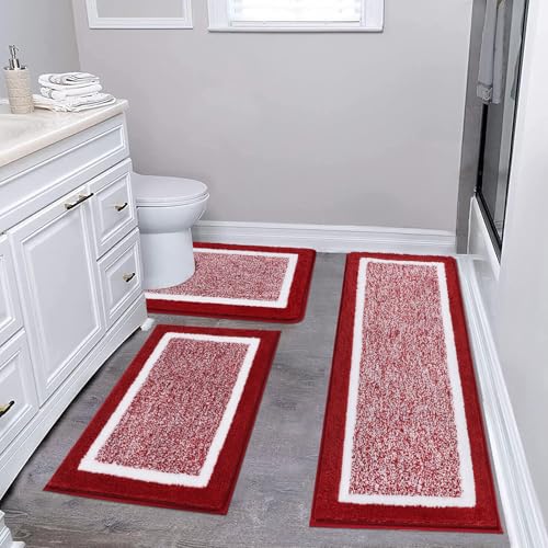 Pauwer 3 Piece Bath Mat Set, Non Slip Plush Bathroom Mats, Absorbent Shaggy Bathroom Rug Set with U-Shaped Contour Toilet Mat for Bedroom Living Room, Red