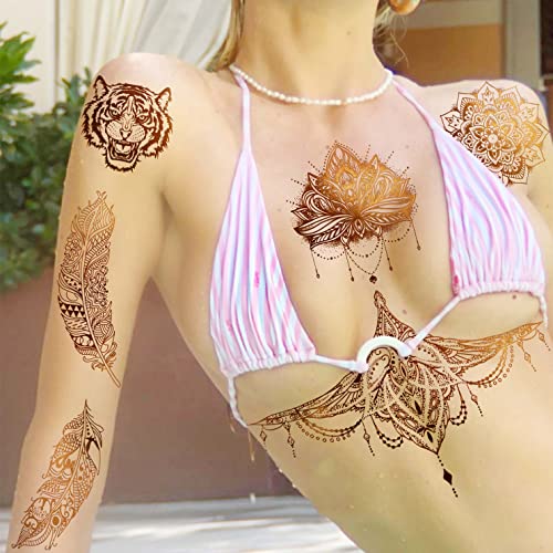 Coktak 9 Sheets 88+ Designs Large Gold Metallic Temporary Tattoos For Women Boobs Girls Adults, Tribal Bohemia 3D Flash Fake Golden Tattoo Stickers Eleplant, Realistic Glitter Snake Tattoos Moon Lotus Body Art #TOP6