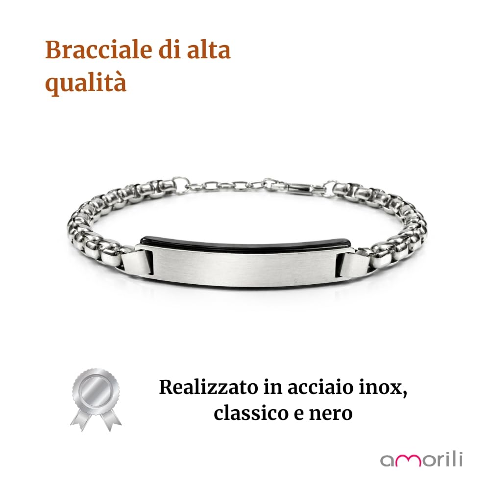 Bracciale Uomo Personalizzabile con Incisione in Acciaio Inox Classico e Nero – Gioiello Maschile Personalizzato con Frasi e Date – Idea Regalo Uomo bcc3175