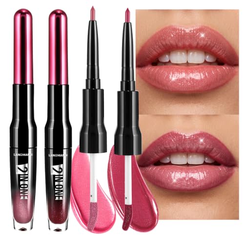 Image of LANGMANNI 2 Pack 2-in-1 Lip Liner & Gloss Set, 11 Rose Pink + 12 Fuchsia